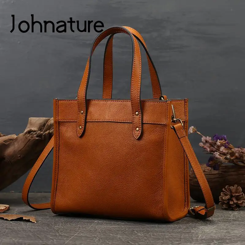 

Johnature Genuine Leather Solid Color Women Casual Tote Versatile Natural Soft Cowhide Shoulder Bags Large Capacity Handbag