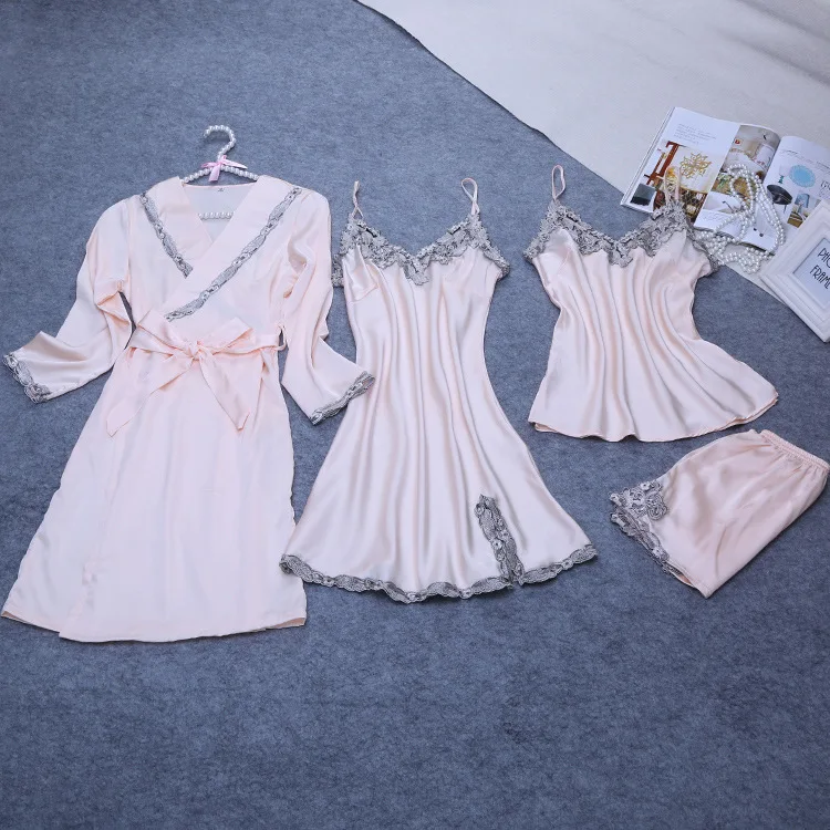 

Summer Four-piece Home Service Spring And Autumn Thin Section Deep V Sexy Temptation Suspender Shorts Nightgown Suit