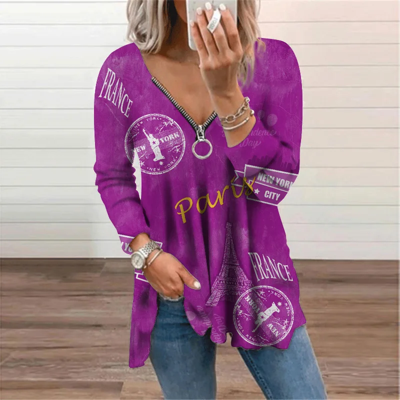 

T-shirt Female Clothing Loose Tunic Tshirt 2021 Autumn Casual Plus Size Harajuku Vintage Women Fashion Zipper V- Neck Print Top