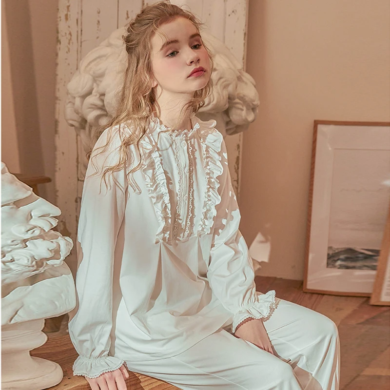 

2 Colors Women's Princess Palace Style Pajama Sets Vintage Stringy Selvedge Tops+Pants Victorian Lady Pyjamas Set Home Sleepwear