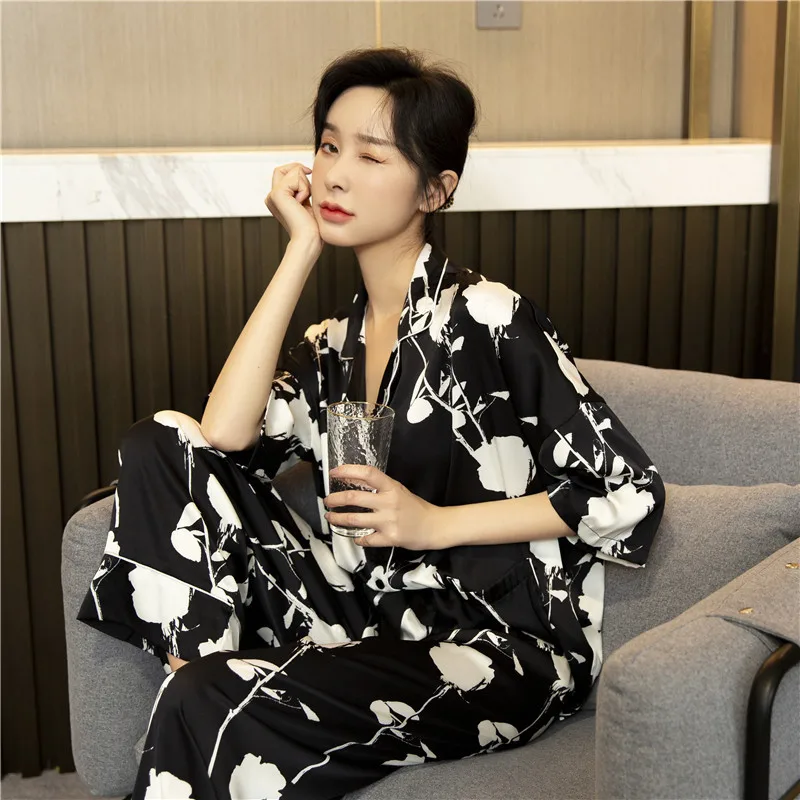 

Women 2021 New Satin Pajamas 2PCS Sleepwear Loungewear Casual Print Flower Pyjamas Shirt&Pants Soft Intimate Lingerie Pyjamas
