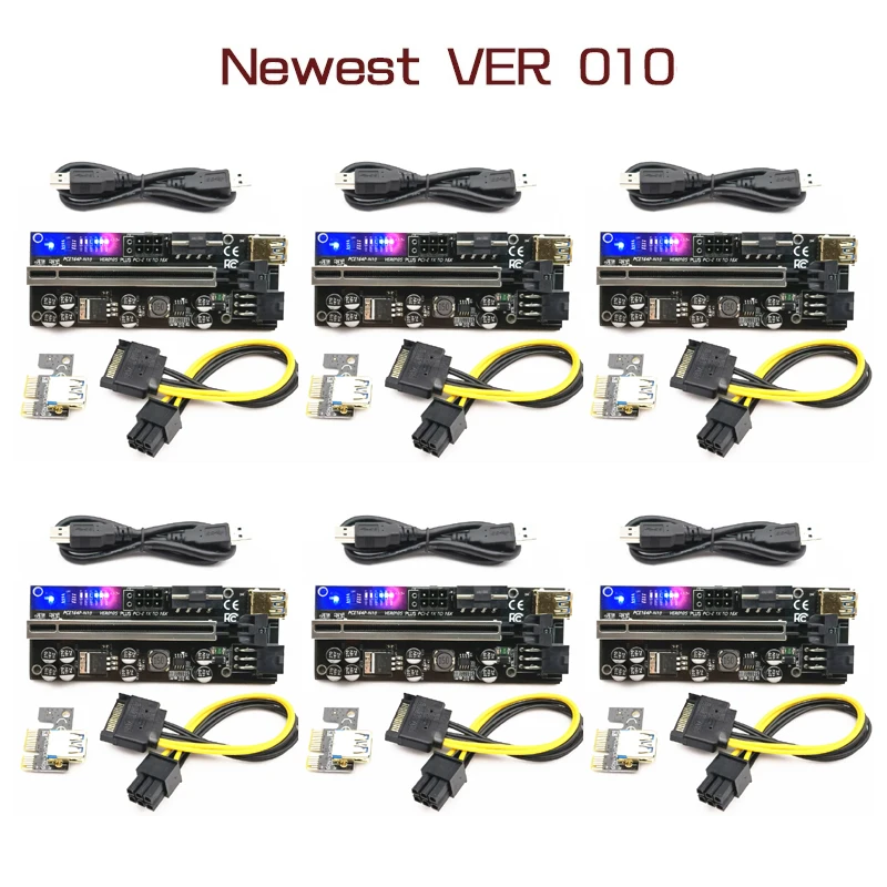 

Биткойн-майнинг Удлинительный кабель видеокарты 6 шт., Райзер 010 USB 3,0 PCIE Райзер PCI Express X16, расширитель, адаптер 010S Plus, карта Райзера GPU SATA, 15 конт...
