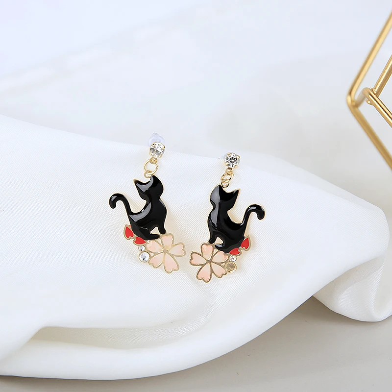 Женские асимметричные серьги Sansummer модные блестящие с цветком Сакуры и кошки