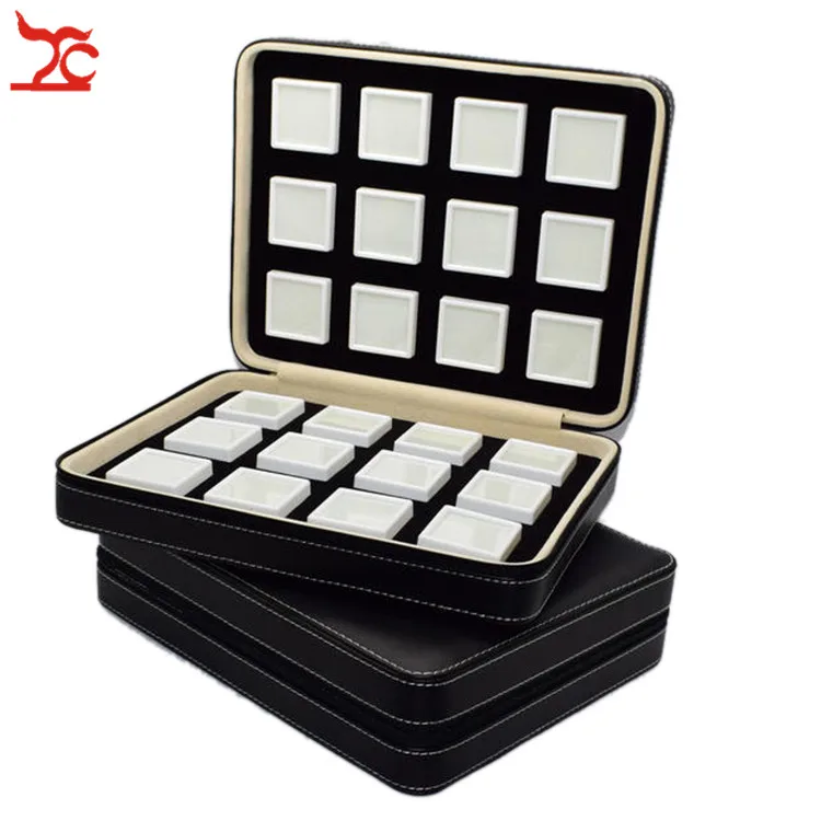 High-End Black Leatherette Gemstone Storage Box Diamond Travel Case Jewelry Holder with Gem Box Protable