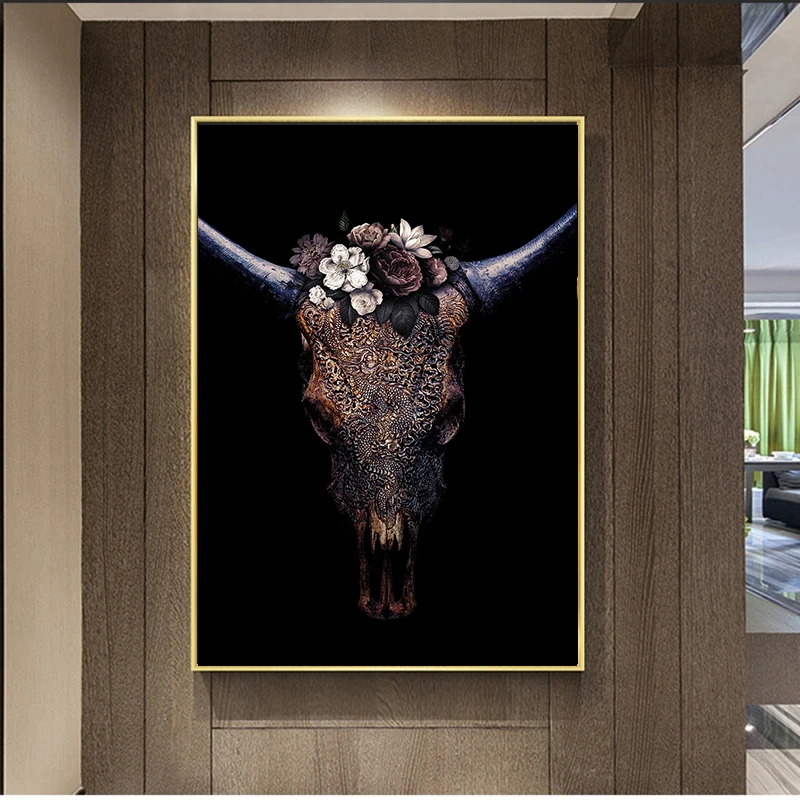 Картина на холсте настенные художественные плакаты скандинавский бык Череп
