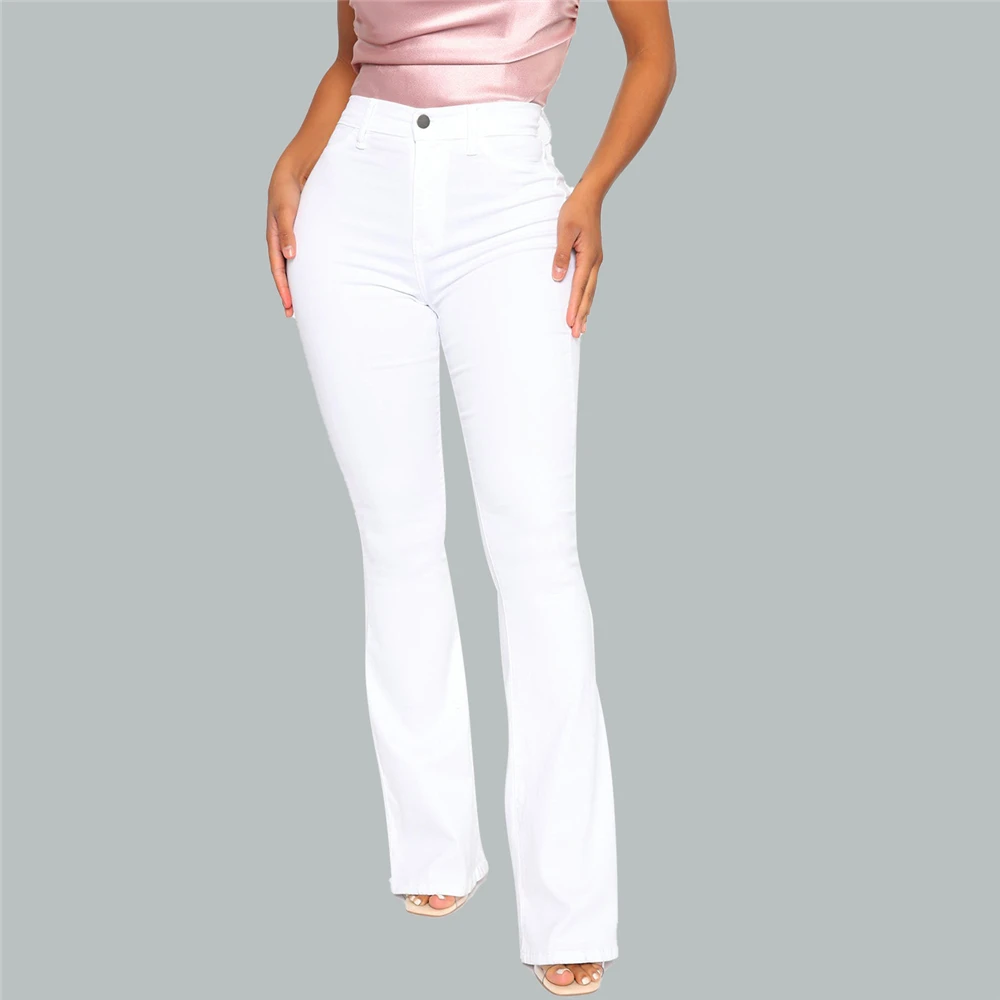 

Хлопковые белые повседневные расклешенные джинсы с высокой талией для женщин, новинка весны 2021, облегающие обтягивающие джинсовые брюки, о...