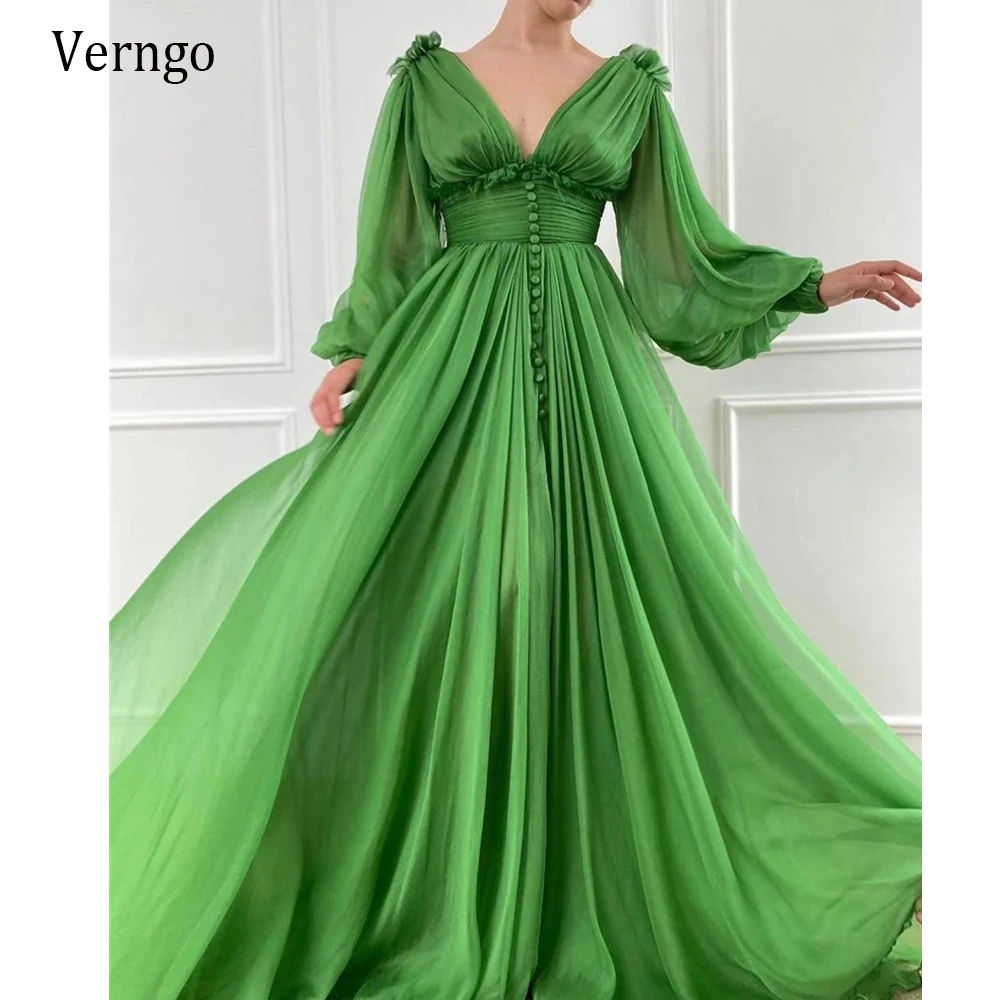 

Ярко-Зеленое Шелковое Тюлевое ТРАПЕЦИЕВИДНОЕ ПЛАТЬЕ Verngo 2021, элегантное вечернее платье с длинными рукавами-фонариками, драпировкой, пуговицами и рюшами на талии