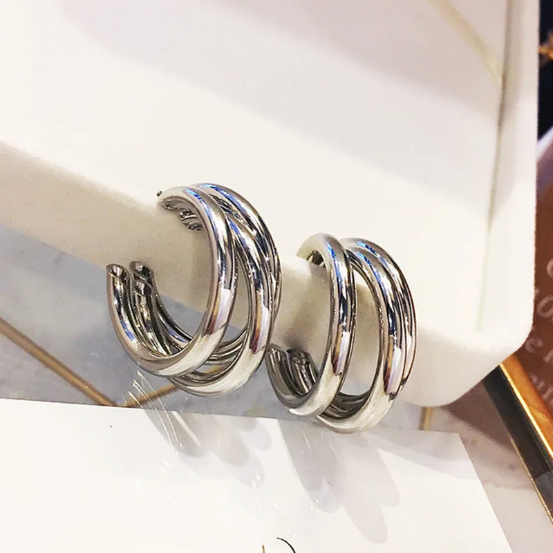 Gold 3 Row Circle Hoop Earrings C Shaped Triple Open Hoops Minimalist Simple Jewelry Accessories | Украшения и аксессуары