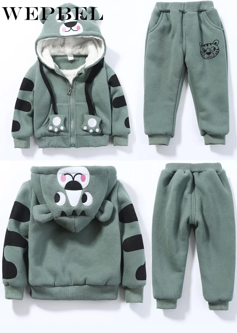WEPBEL Cute Boys Girls Cartoon Tigers Clothing Suits Baby Plus Velvet Hoodies Pants 2Pcs Sets Kids Toddler Winter Sports Clothes | Детская