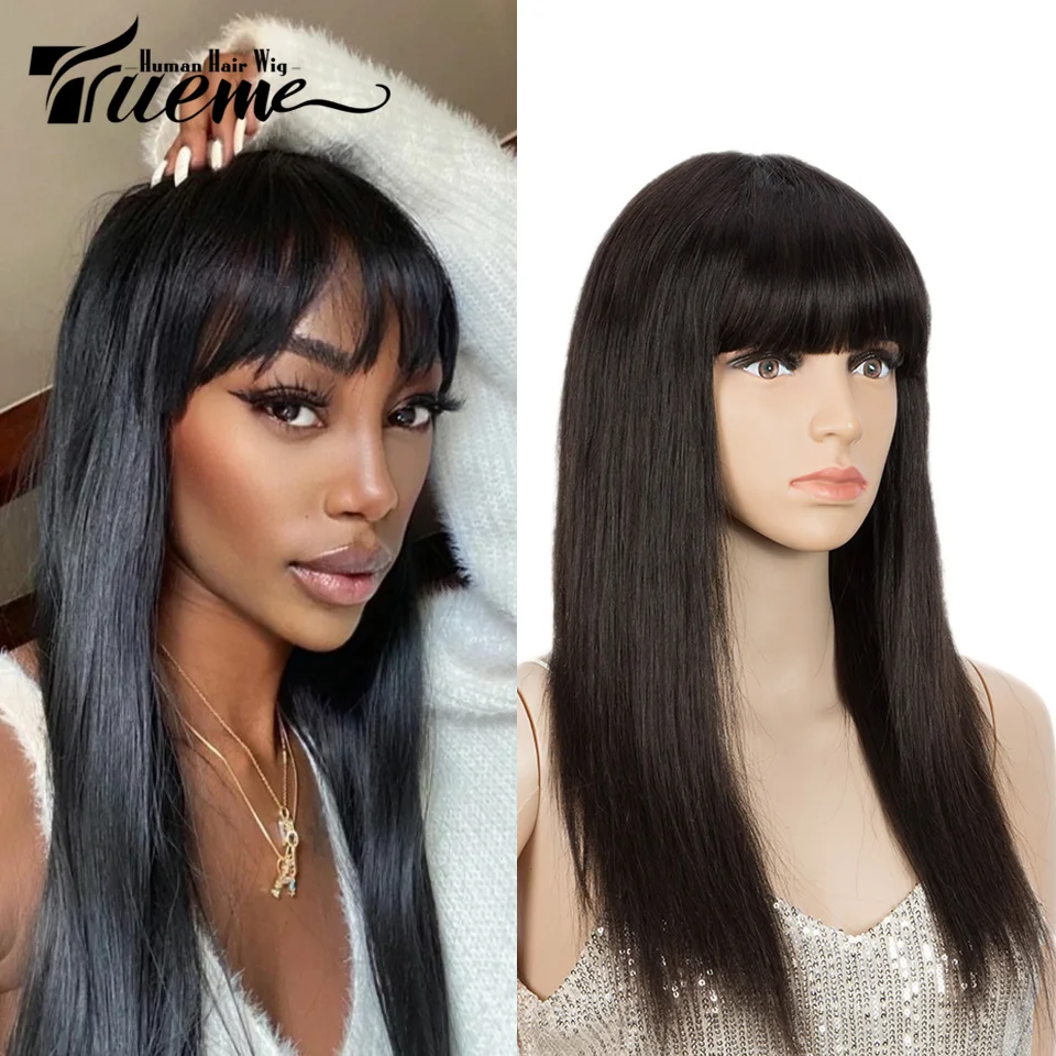 Perucas de Cabelo Humano com Franja Longo em Linha Humano para as Mulheres Cheia do Cabelo True Reta Brazilan Colorido Natrual Remy Peruca