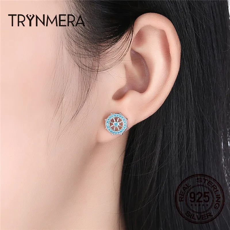 Trynmera 925 Серебряный якорь и руль синие кристаллы серьги-гвоздики для женщин Мода Лодка элемент ювелирных изделий TE082