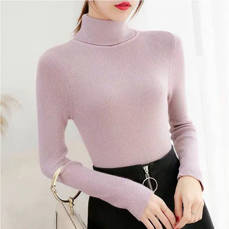 Блестящий облегающий топ с высоким воротником свитер женский осенне-зимний