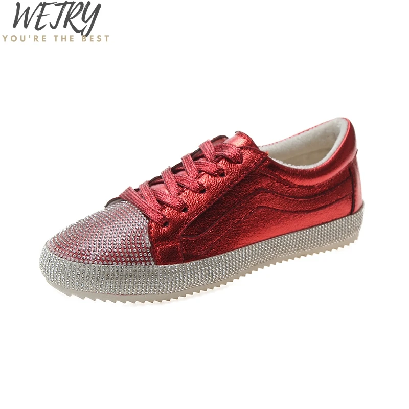 wetry Loafers Women Platform Flats Faux Rhinestone Sneakers Lace-up Silver Solid Creepers Mujer Casual Flat Shoes - Цвет: style 2 red