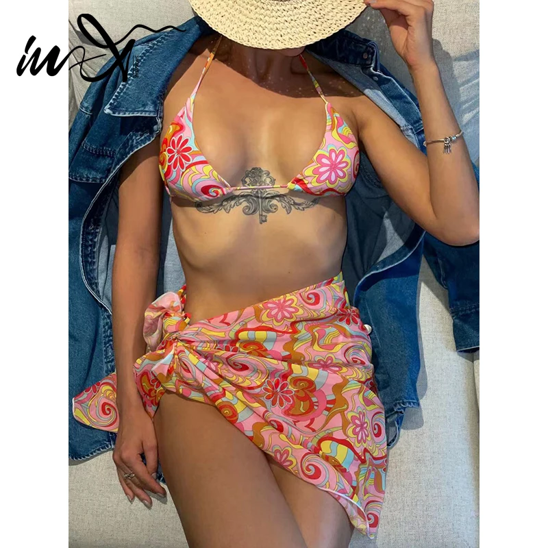 

Комплект бикини с принтом In-X, купальник с юбкой, женский купальник с лямкой на шее 2021, женский купальный костюм, треугольный комплект из 2 пре...