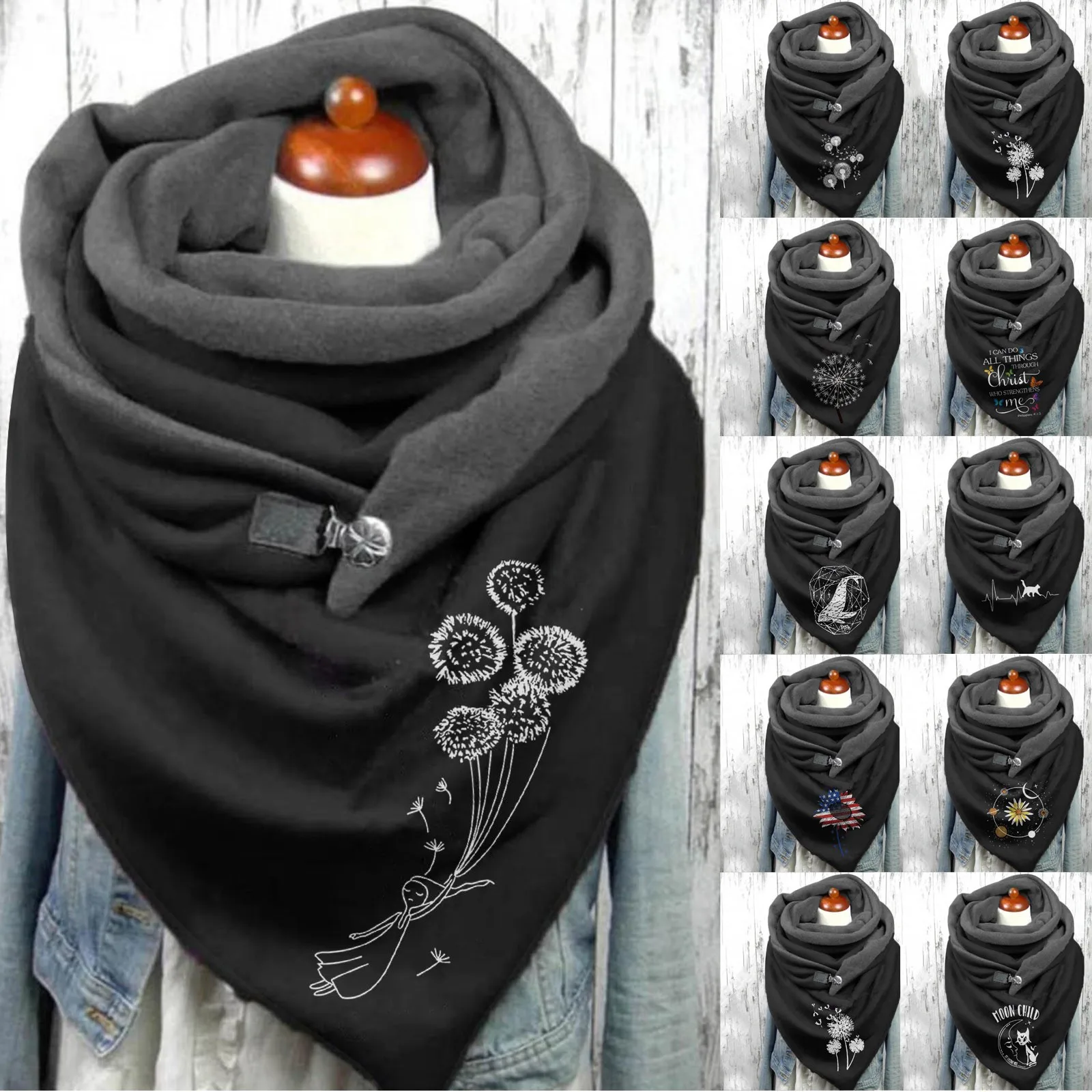 

Fashion Winter Women Scarf Dandelion Printing Button Soft Wrap Casual Warm Scarves Shawls Scarf Women Cashmere Scarves 2021