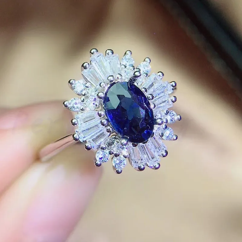 Кольцо с натуральным синим сапфиром, 1CT драгоценный камень,, блестящее кольцо из серебра 925 пробы, хорошее ювелирное изделие Q91159