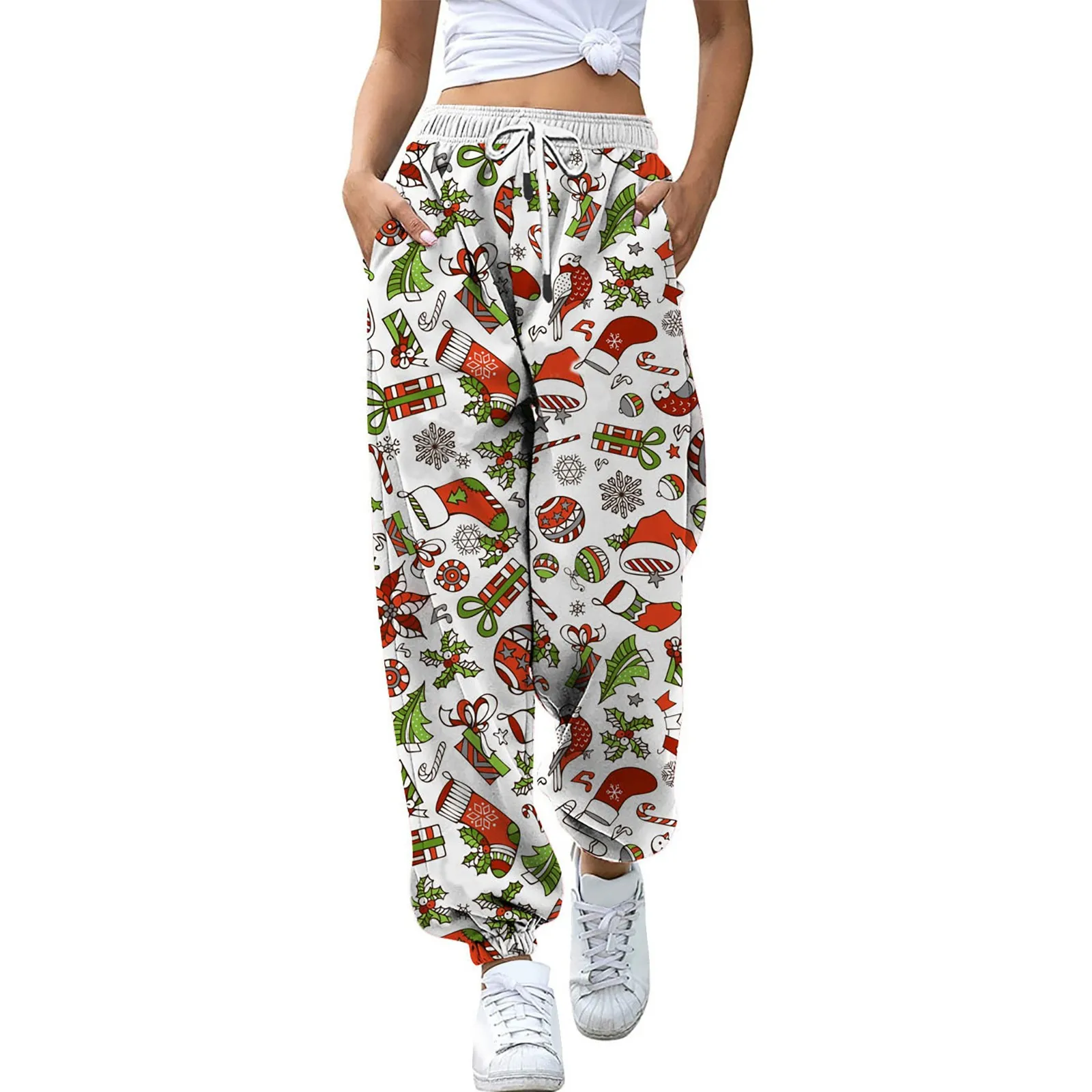 

Женские Мешковатые Брюки с карманами, разноцветные брюки с рождественским принтом, с завязкой на талии
