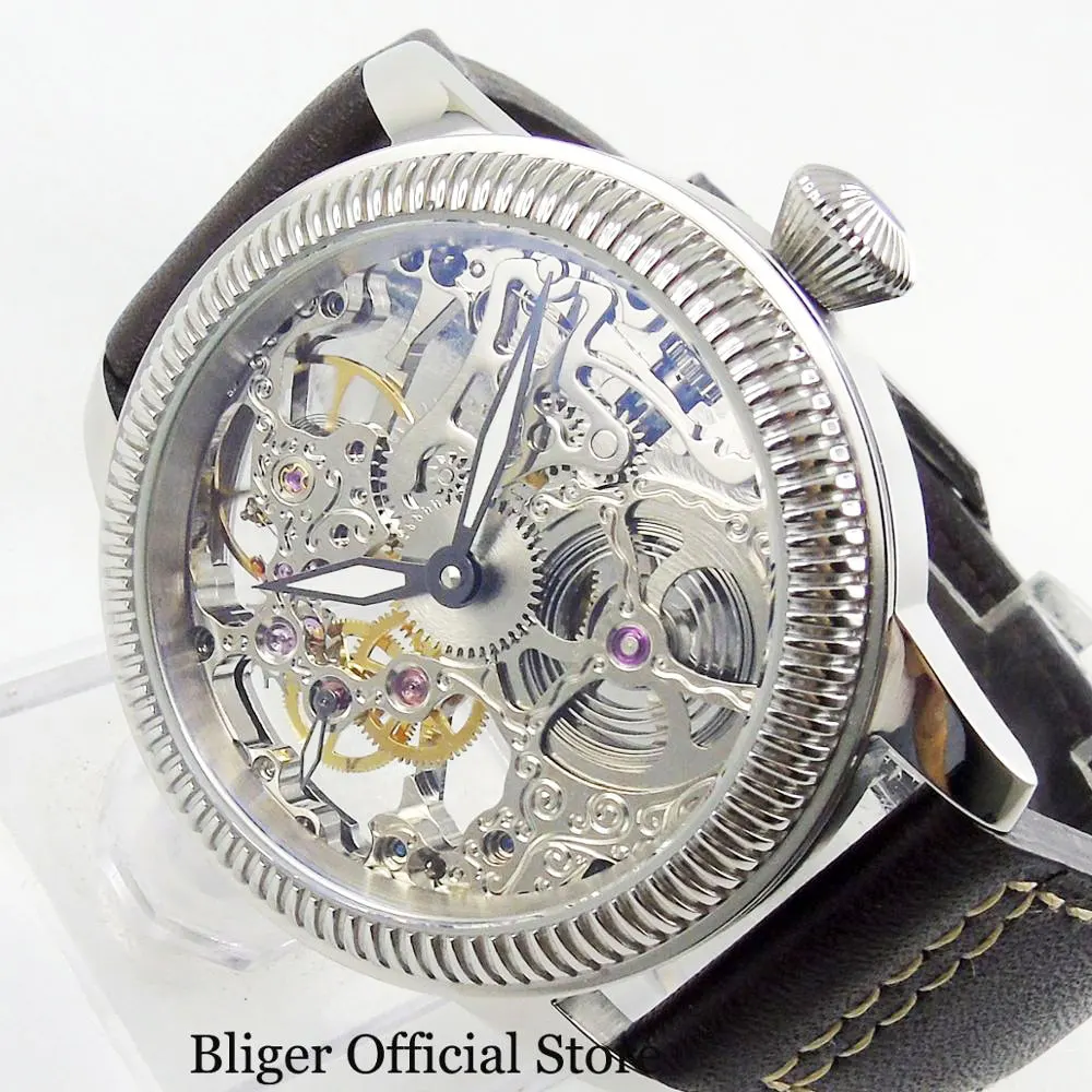 Часы мужские с полым циферблатом и кожаным ремешком 44 мм|Мужские механические