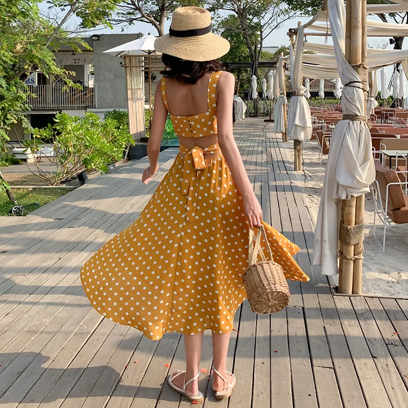 2 цвета летний женский желтый сарафан в горошек с открытой спиной Элегантное