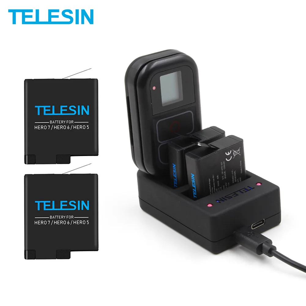 TELESIN 2 шт зарядное устройство 2 в 1 wifi Пульт дистанционного управления зарядное устройство для GoPro Hero 7 6 5 1220 мАч для Hero 5 Hero 6 Hero 7 8