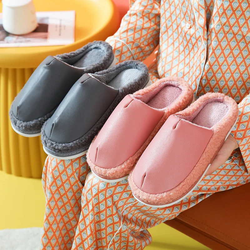 

Men's and Women's New Leather Cotton Slippers Autumn and Winter Couple Shoes Warm Indoor Household Home Anti-skid and Waterproof