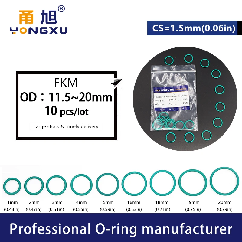 10PC/lot Green FKM Fluorine Rubber O-rings Seals CS1.5mm OD11.5/12/13/14/15/16/17/18/19/20*1.5mm ORing Seal Gasket Rings Washer |