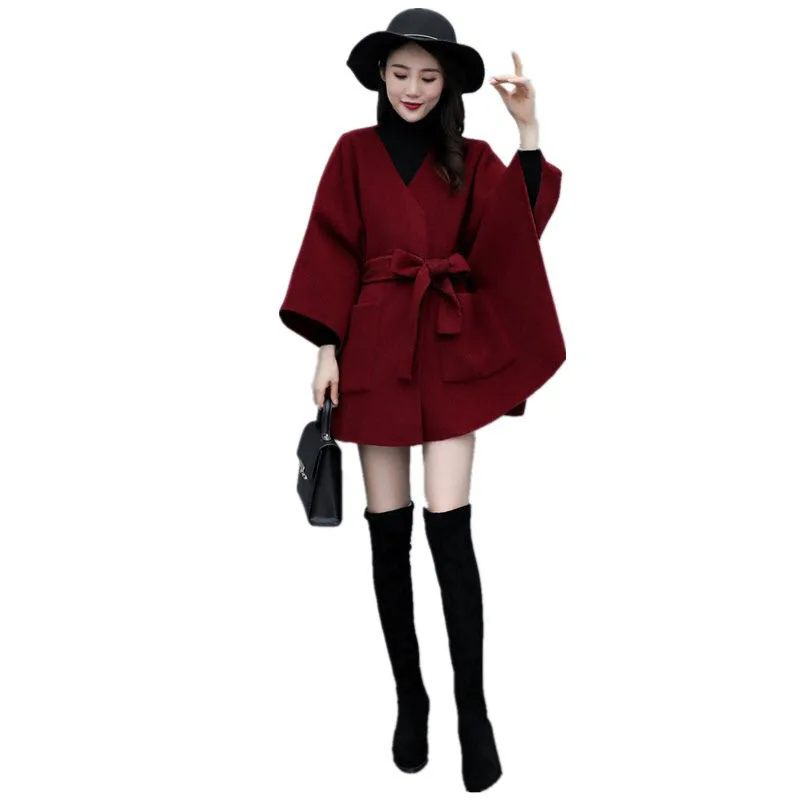

Red Winter Cape Poncho Women Autumn Elegant Wool Plush Temperament Poncho with Sleeves Narzutka Damska Women Clothing DF50CP
