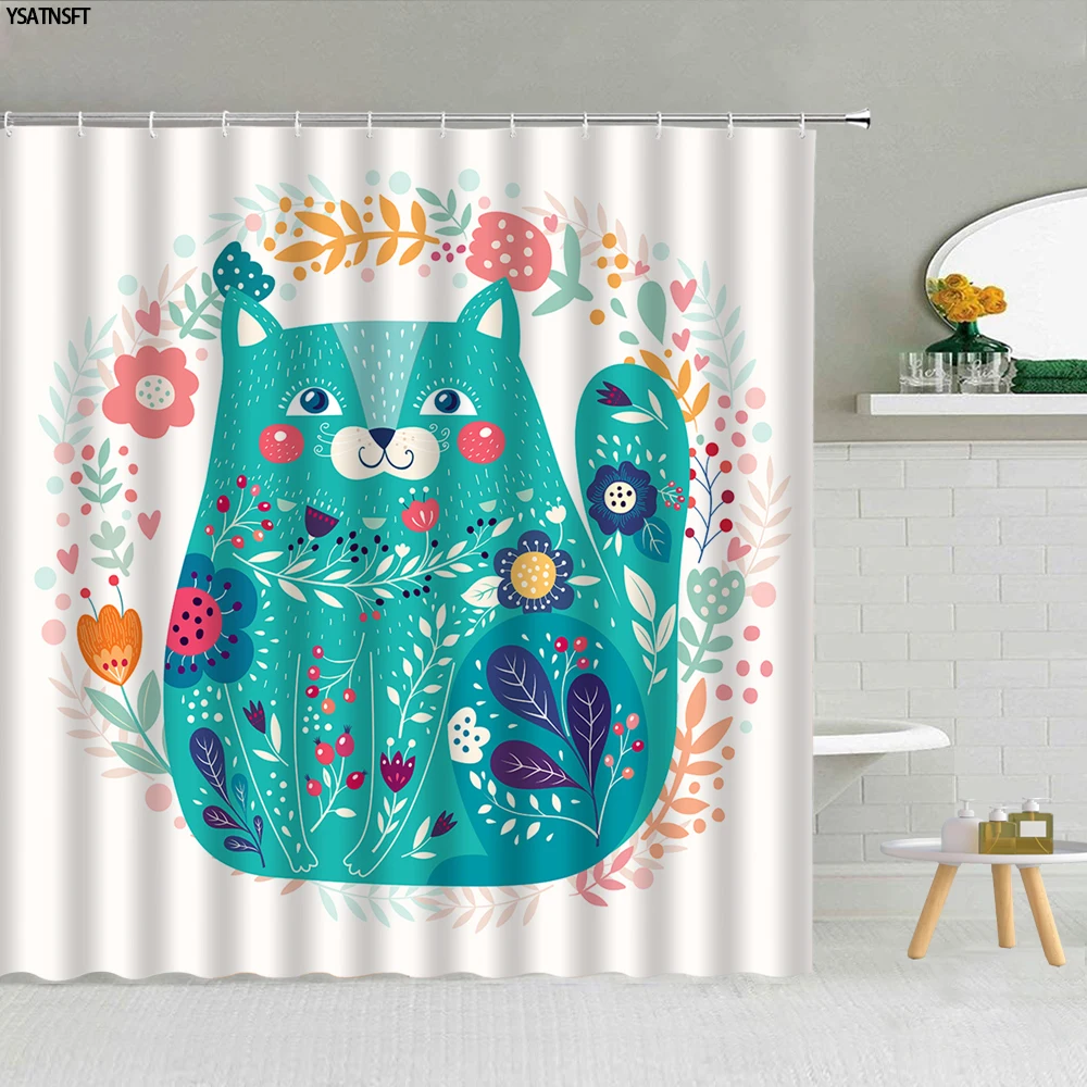 

Funny Cartoon Animal Cat Shower Curtain Painted Flower Plant Green Leaf Fabric Bathroom Supplies Decor Hanging Curtains Washable