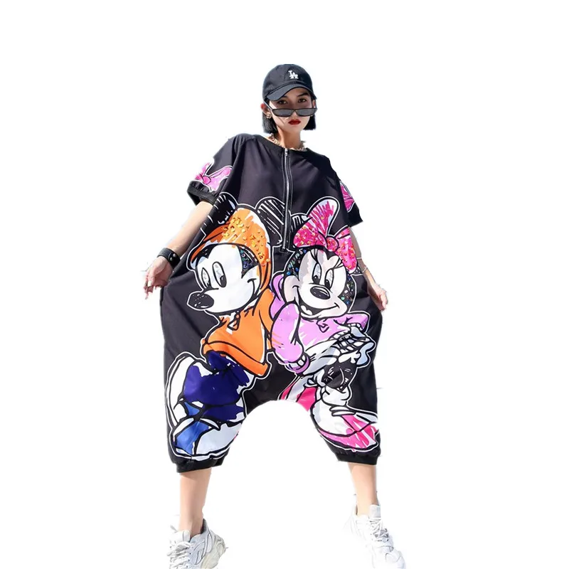 

Cartoon graffiti Bodysuit zipper short sleeve ladies Rompers hip hop streetwear Sequin Playsuits Oversized jumpsuit women summer