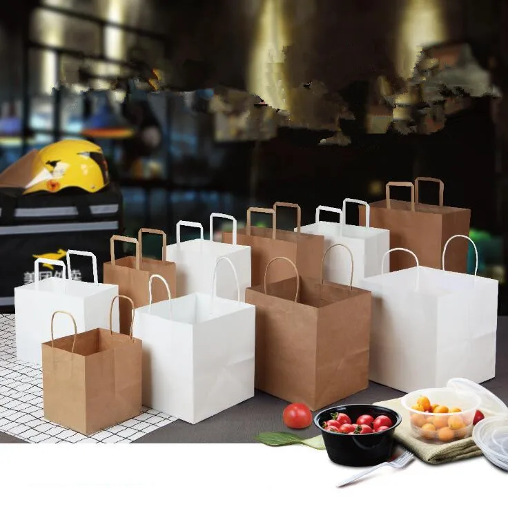 Вынос Еда Бумага сумка подарочные пакеты из крафт бумаги упаковки с плоской