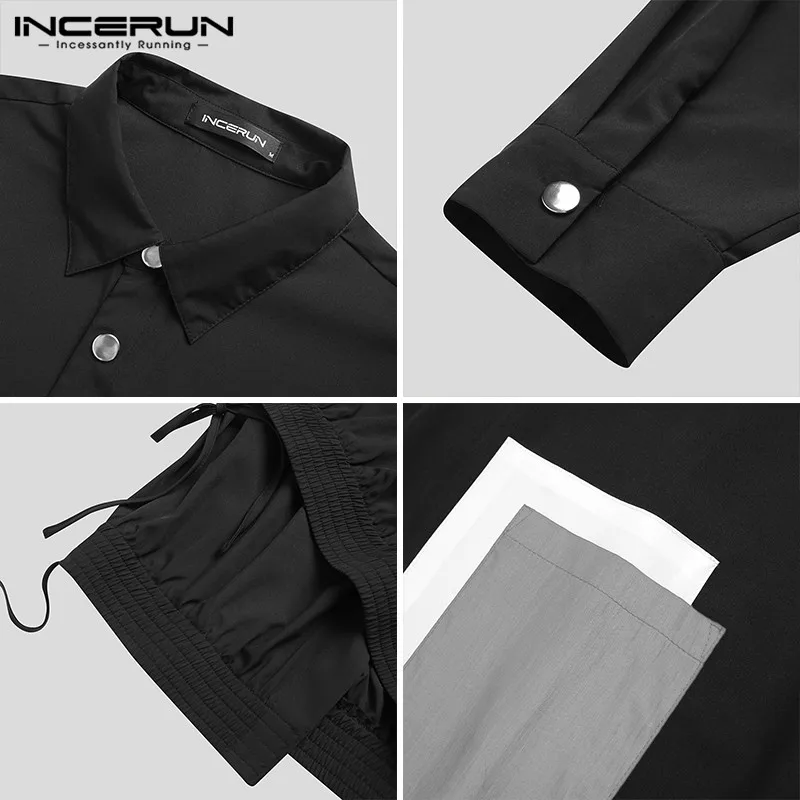 

INCERUN Fashion Men Shirt Patchwork Lace Up Streetwear Korean Long Sleeve Tops Blouse Personality Lapel Casual Camisas S -5XL