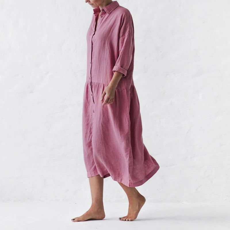 

2021 Autumn 3/4 Sleeve Cotton Linen Dress Women Turn-down Collar Buttons Long Shirt Dress Winter Solid Office Ladies Party Dress