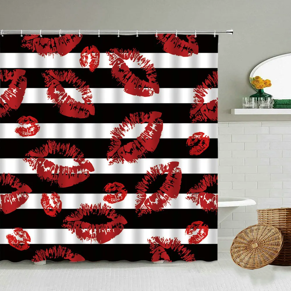 

Black And White Striped Leopard Print Red Lips Love Shower Curtain Personality Creative Bathroom Waterproof Curtains With Hook