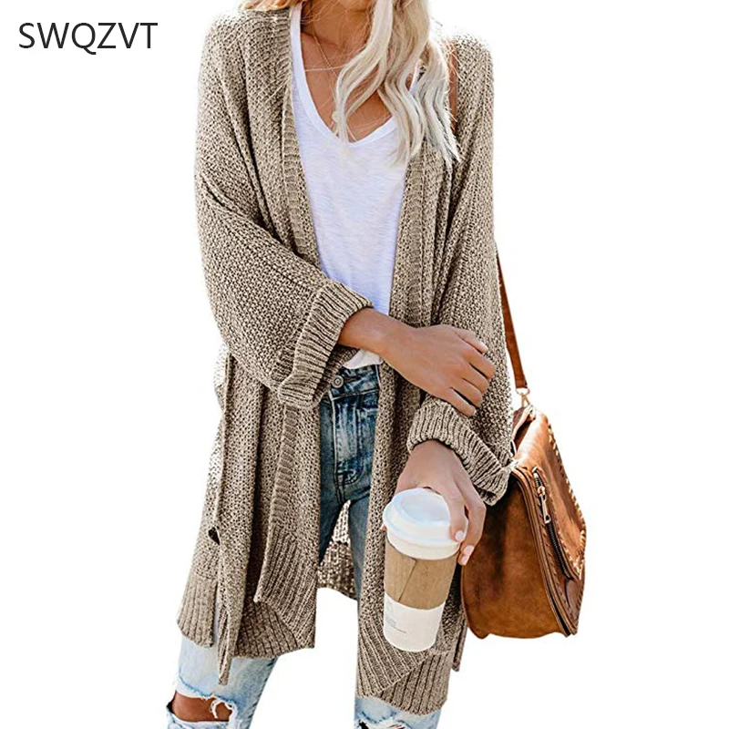 Женский вязаный кардиган повседневный свободный однотонный длинный на осень и