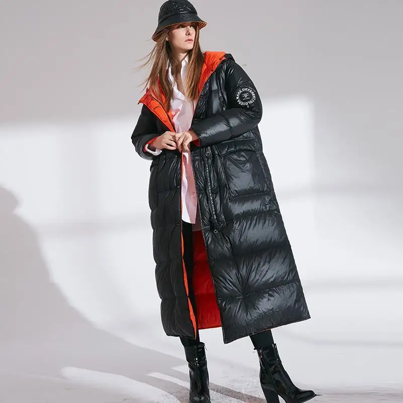 

women's down jacket double side long fashion loose oversized bright coat for women