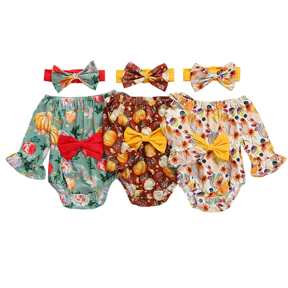 

Ромпер на Хэллоуин для новорожденных девочек, с повязкой на голову, с цветочным рисунком тыквы, с длинным Расклешенным рукавом, комбинезон, ...