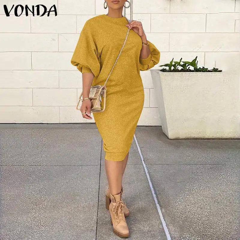 

VONDA Women Casual Long Sleeve Mid-Calf Dress Spring Autumn Solid Color Sweatshirt Dress Ladies Crew Collar Bohemian Vestidos