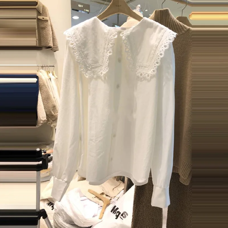 

Sweet Temperament Age-reducing Solid Cotton Long-sleeved Doll Collar Single-breasted Shirt 2020 Women Fashion Clothing Harajuku