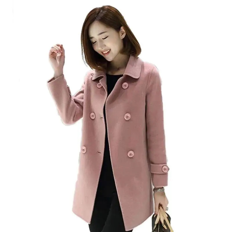 

Wool Women 2021 Solid Simple Elegant Double Breasted Slim All-match Korean Style Pockets Blends Womens Soft Daily Outerwear Chic