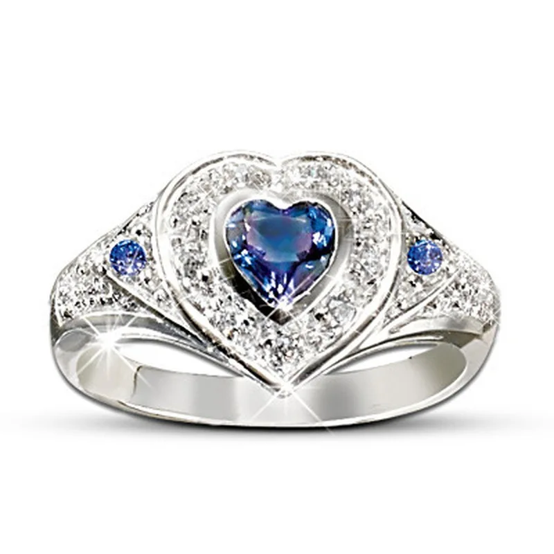 

Classic Shiny Blue Heart Love White Crystal Zircon Silver Color Female Ring for Women Party Jewelry Accessories