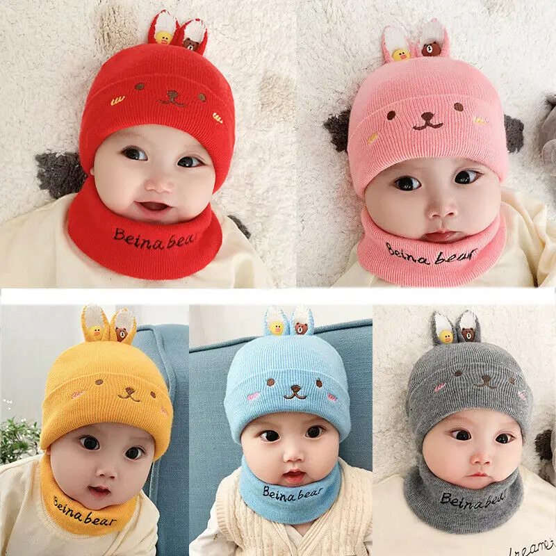 Cute Winter Warm Toddler Kids Girl &amp Boy Baby Infant Hat Ear Beanie Cap With Scarf Beanies | Детская одежда и обувь