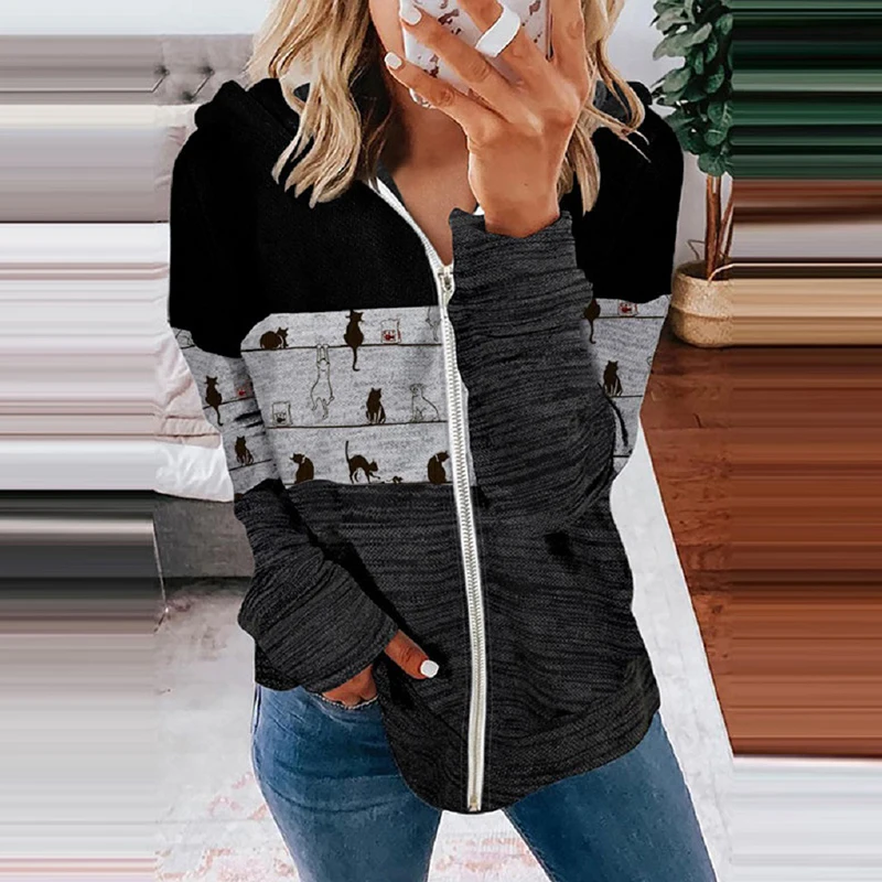 

Spring Autumn Women Zipper Print Long Sleeve Jacket Patchwork Casual Hooded Outerwear Tops Streetwear Harajuku V Neck Loose Coat
