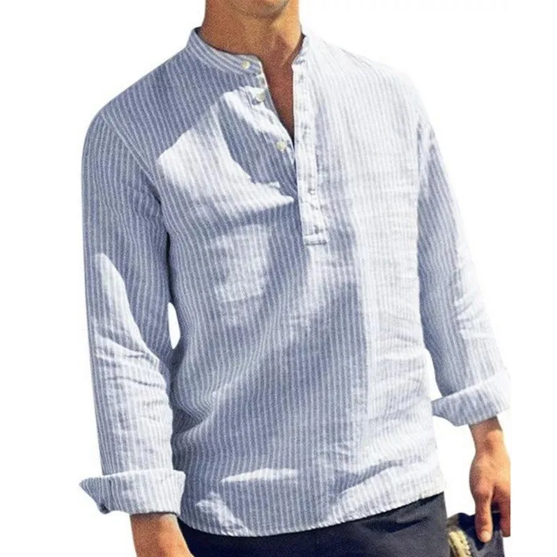 

2021 New Cotton Long Sleeve Mens Shirts Spring Summer Striped Slim Fit Stand Collar Shirt Male Clothes Plus Size 4XL
