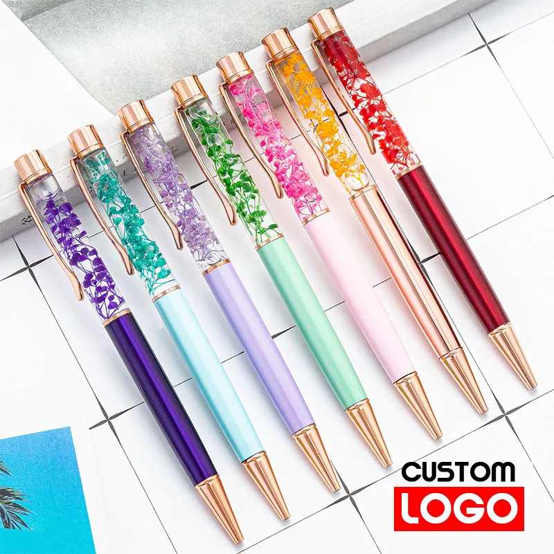 

Metal Creative Oil Dried Flower Pen Customized Logo Engraved Text Birthday Gifts Party Gifts Ballpoint Pen Advertising Pen