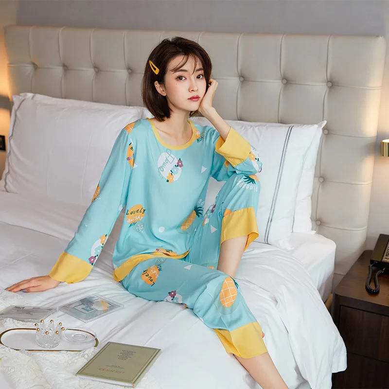 

Пижама женская с круглым вырезом, комплект из 2 предметов, одежда для сна из хлопка, ночная рубашка с синим принтом, весна-осень