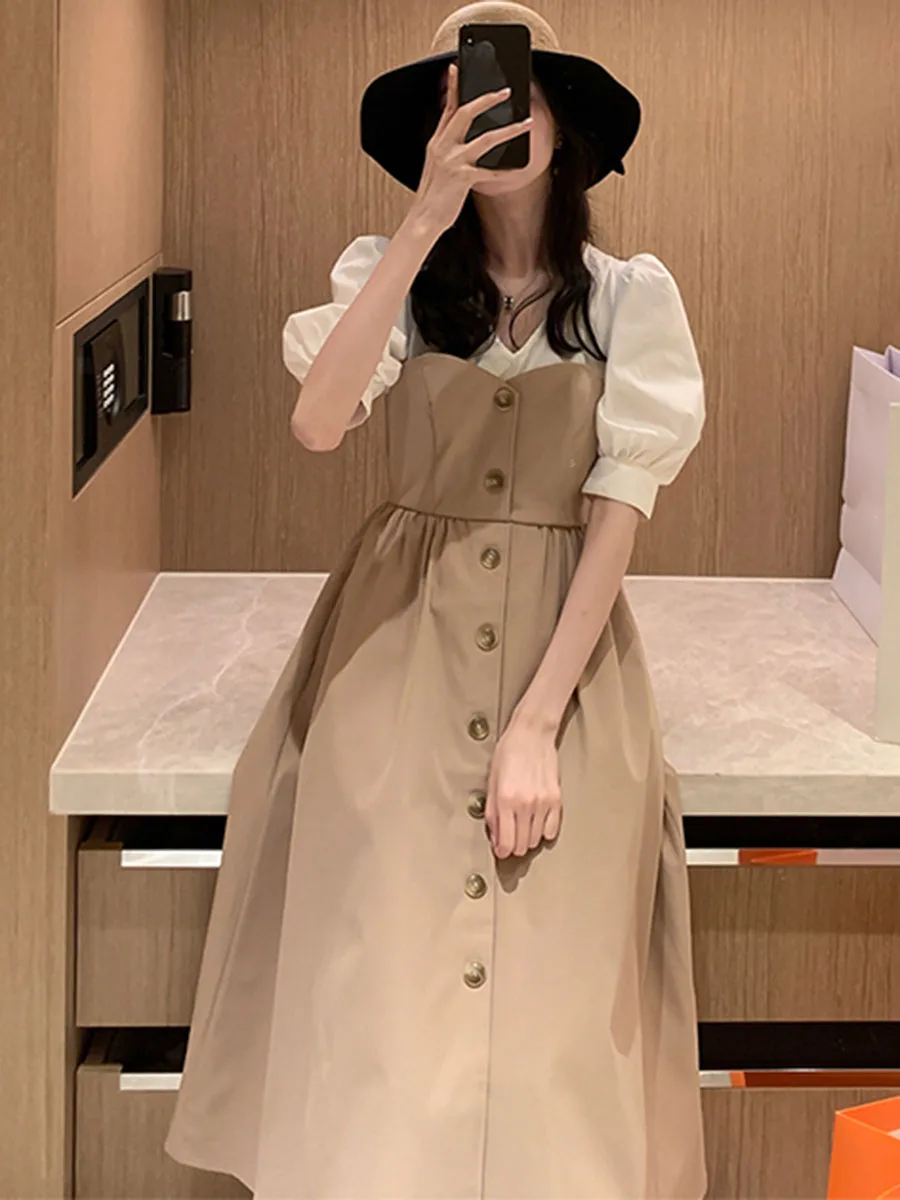 Женское платье из двух частей с пышными рукавами летние длинные корейские платья