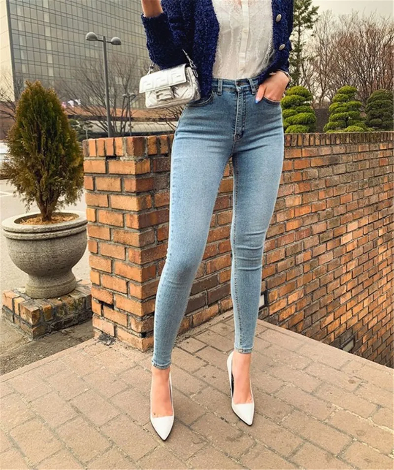 

Для женщин джинсы Высокая Талия Эластичные Обтягивающие джинсовые штаны светильник голубого цвета в стиле ретро, смытые эластичный пояс об...