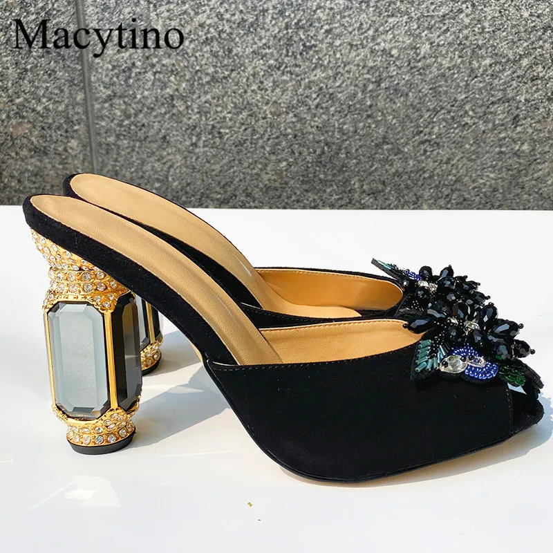 Sequins rhinestones, gemstones women's high-heeled slippers flower round toe glass and fashionable party slippers