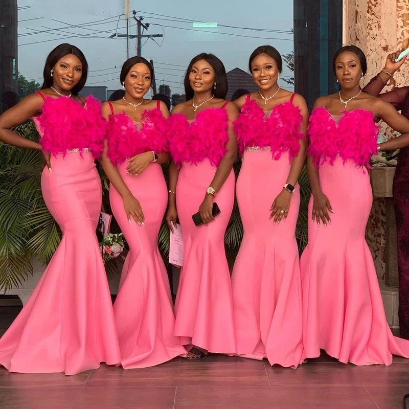 

Black Girls Mermaid Bridesmaid Dresses African Women Fuchsia Feathers Top Wedding Party Gowns Beading Sash Maid Of Honor Dress
