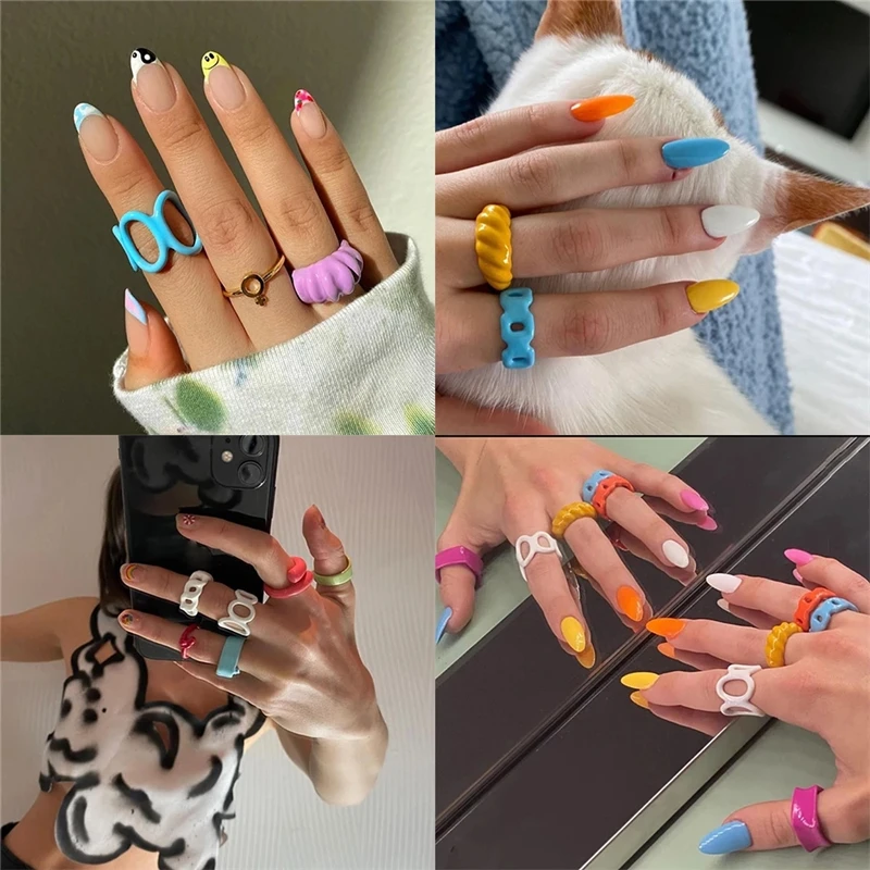 

2021 New Summer Fashion Colorful Geometric Chain Alloy Rings Candy Color Irregular Opening Finger Rings for Women Party Jewelry